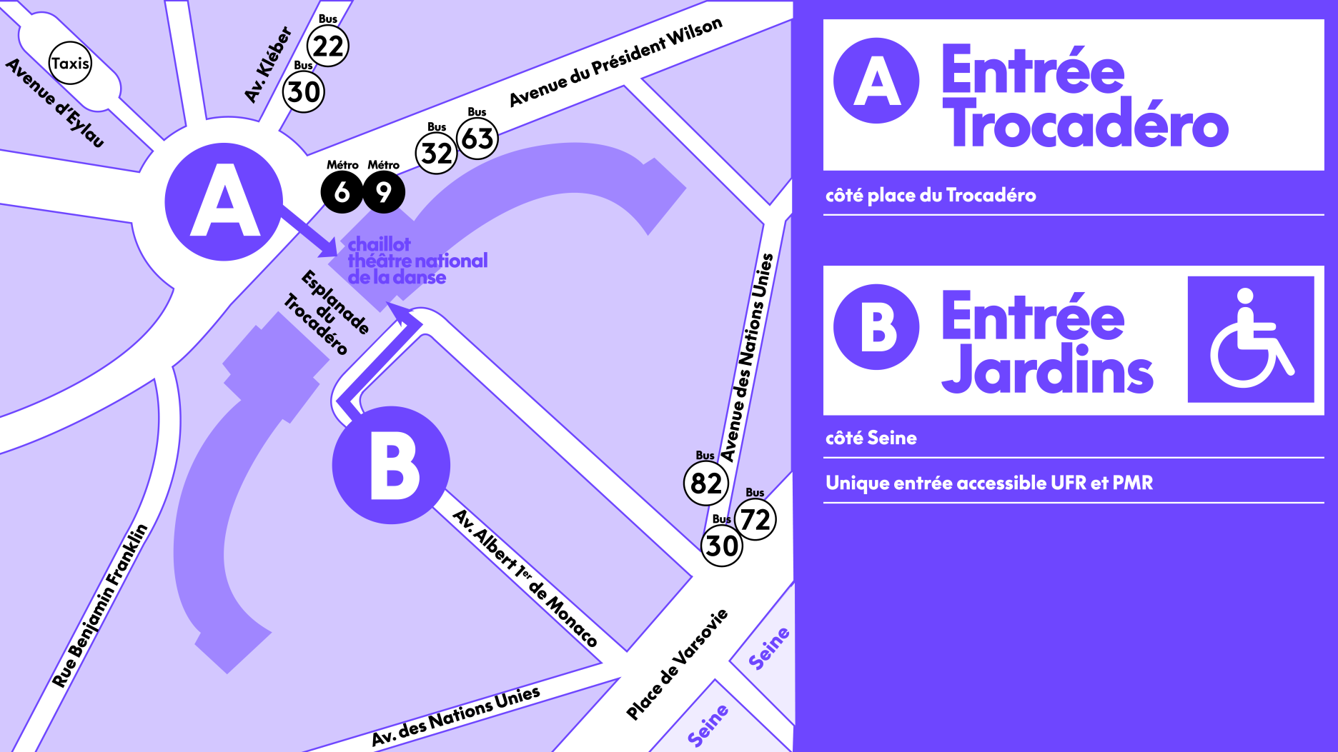 Plan d'accès à Chaillot. Entrée A = entrée Trocadéro. Entrée B = entrée Jardins