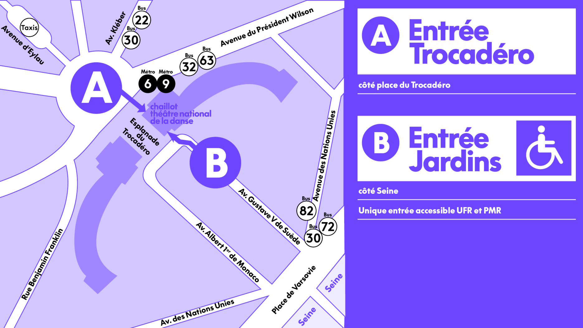 Plan d'accès à Chaillot. Entrée A = entrée Trocadéro. Entrée B = entrée Jardins